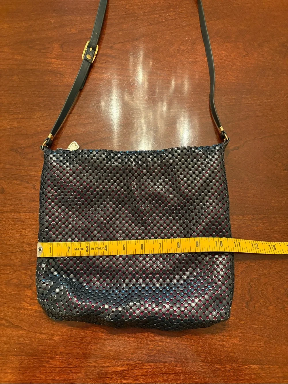 Whiting and Davis Navy Blue Metal Mesh with Leather Strap Crossbody Shoulder Bag
